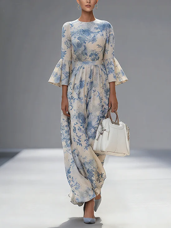 Urban Floral Bell Sleeve Printing Maxi Dress