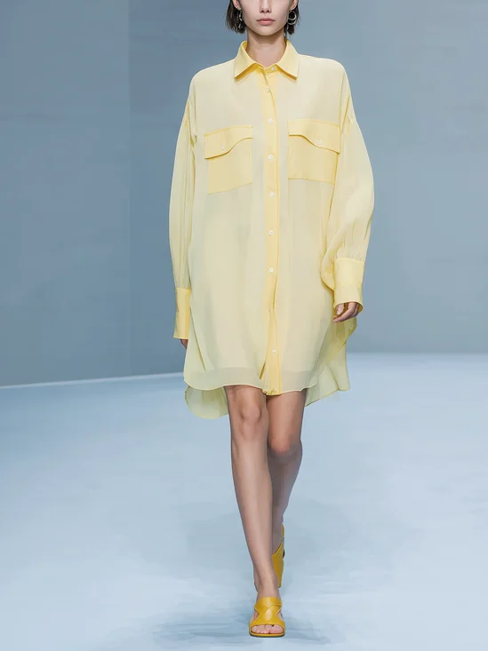 Casual Color Block Shirt Collar Mini Dress