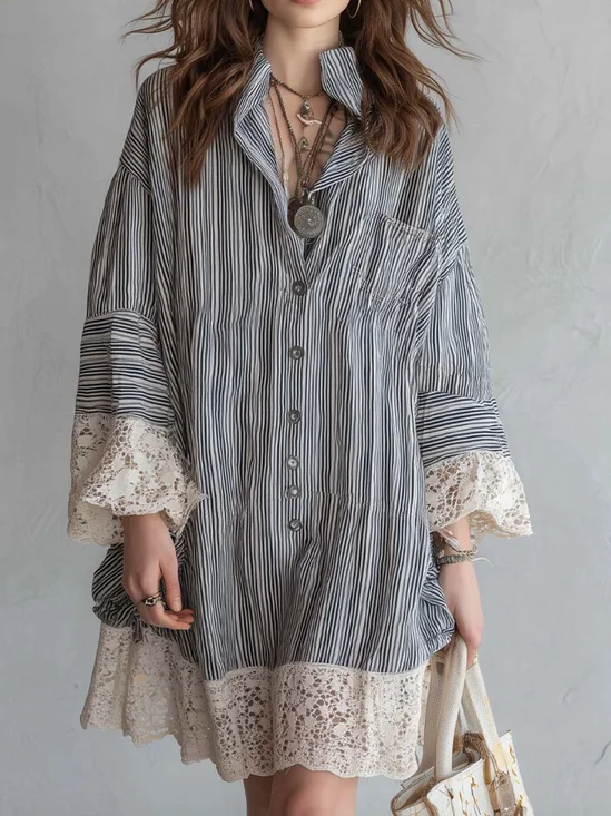 Casual Color Block Shirt Collar Mini Dress