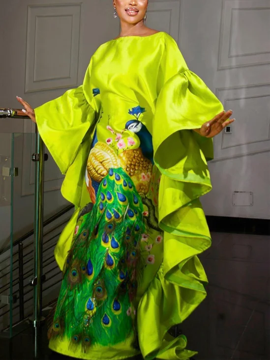 Elegant Peacock Printing Boat Neck Party Maxi Dress