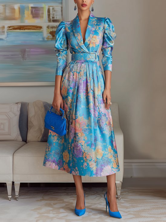 Elegant Floral Puff Sleeve Printing Shawl Collar Midi Dress With Belt