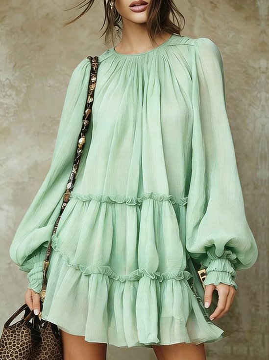 Vacation Plain Balloon Sleeve Tiered Peplum Mini Dress