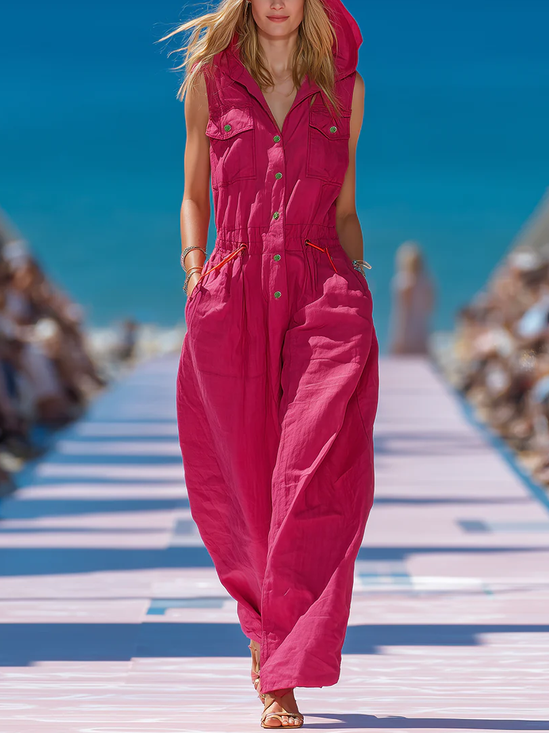 Cotton Casual Plain Hoodie Pockets Tank Jumpsuit