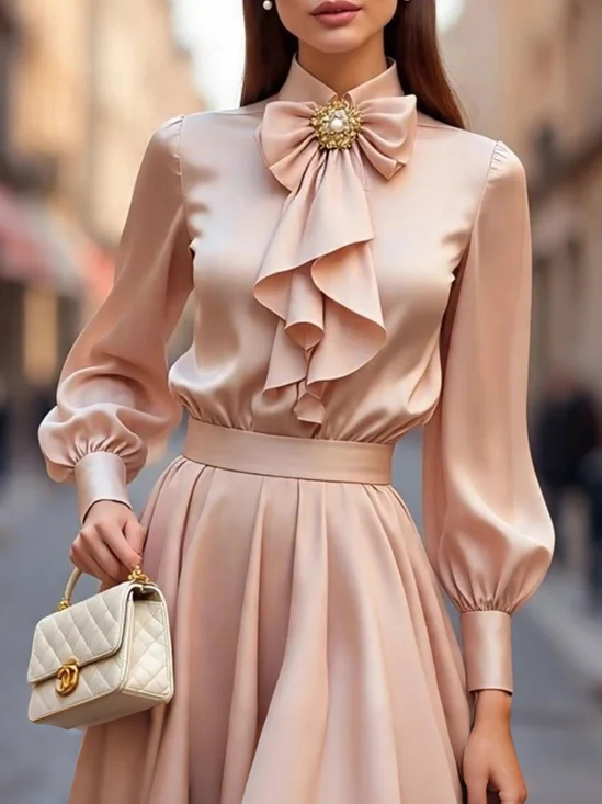 Satin Elegant Plain Peplum Shirt Collar Shirt With Brooch
