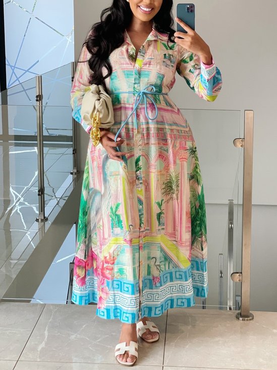 Elegant Landscape Print Printing Shirt Collar Maxi Dress With Belt