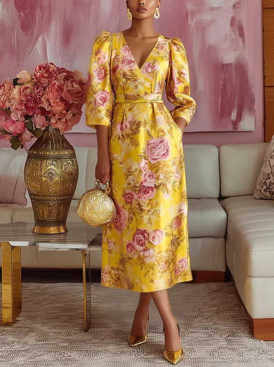 Elegant Floral Printing V Neck Midi Dress