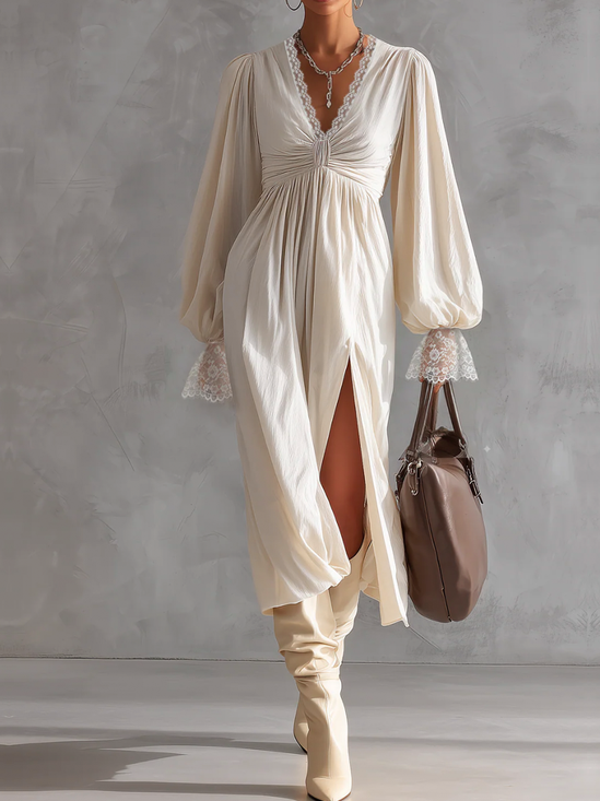 Casual Plain Slit V Neck Midi Cotton And Linen Dress