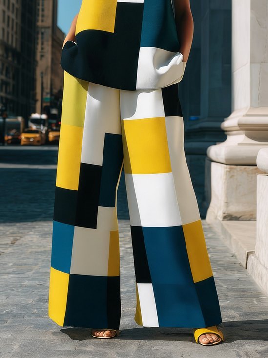 Casual Colorblock Printing Wide Leg Pants