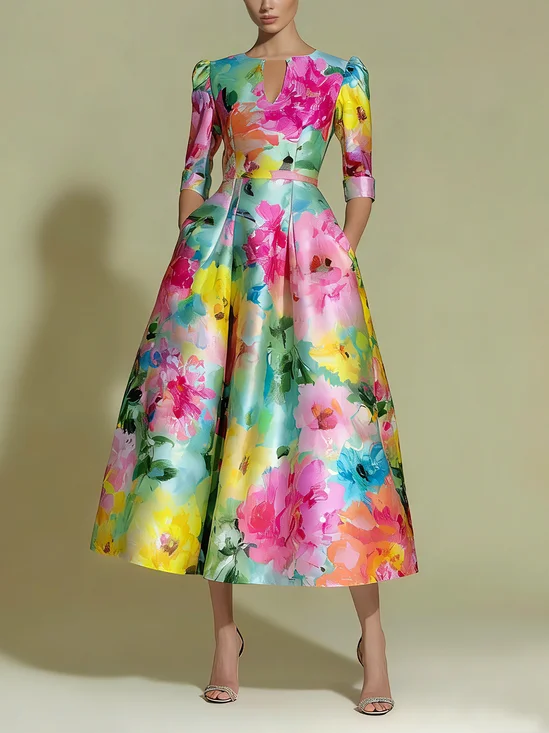 Elegant Floral Puff Sleeve Printing Notched Party Midi Dress