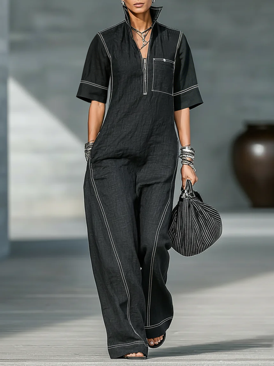 Casual Color Block Shirt Cotton And Linen Jumpsuit