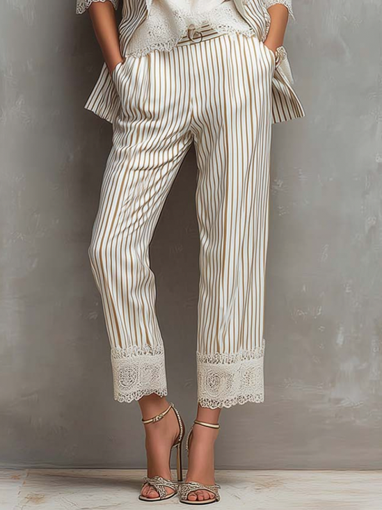 Casual Striped Straight Cotton And Linen Pants With Belt
