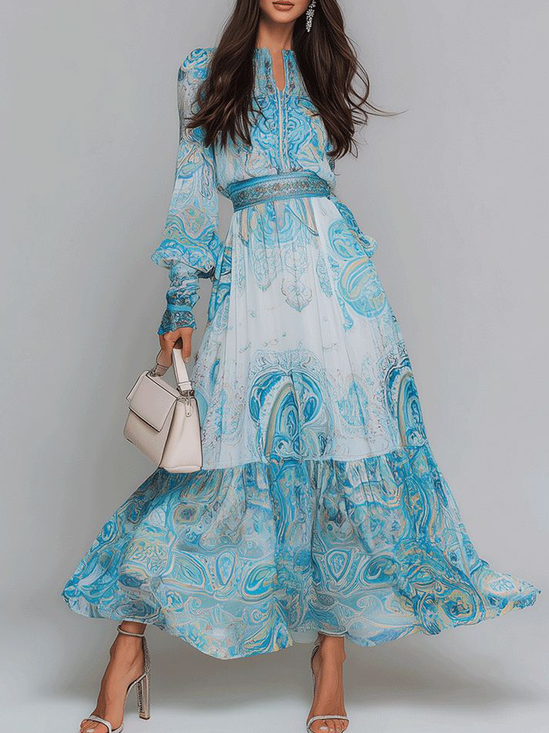 Urban Ethnic Printing Notched Maxi Dress