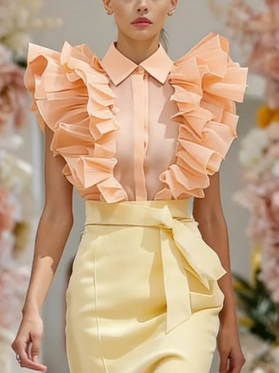 Cotton Elegant Plain Peplum Shirt Collar Shirt