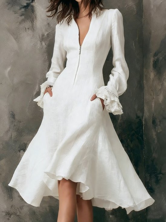 Vacation Cotton And Linen Plain Ruffle Sleeve Zipper  Midi Dress