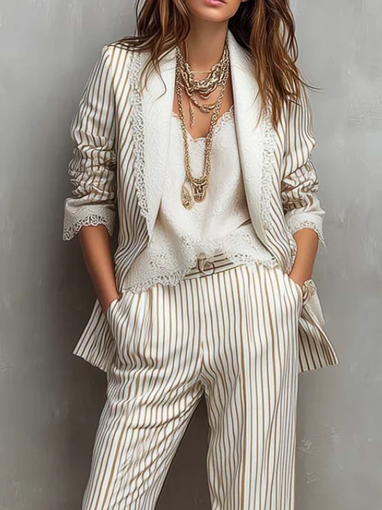 Casual Striped Lapel Collar Cotton And Linen Blazer