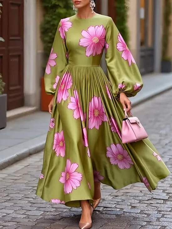 Elegant Floral Balloon Sleeve Printing Crew Neck Maxi Dress