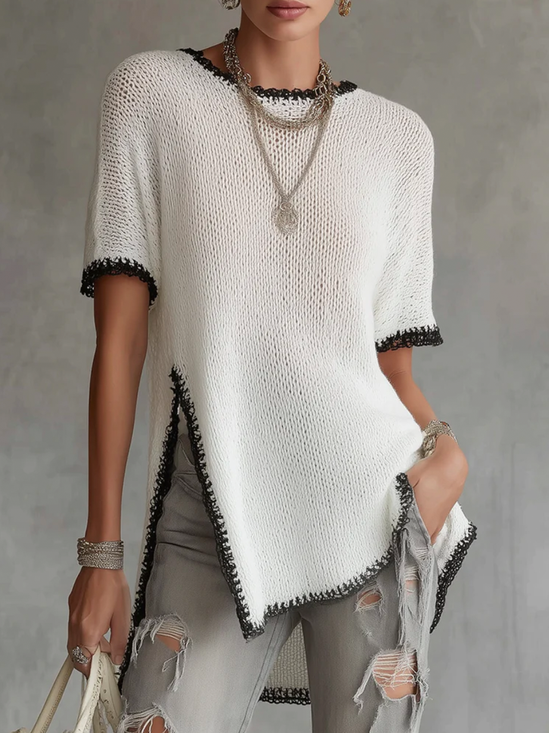 Casual Color Block Side-Slit Crew Neck Sweater