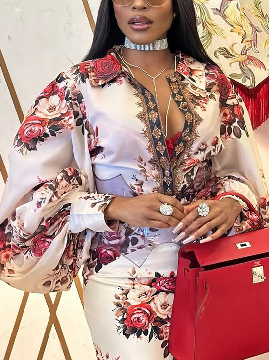 Elegant Floral Printing Shirt Collar Balloon Sleeve Shirt