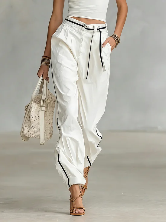 Casual Color Block Ankle Banded Pants