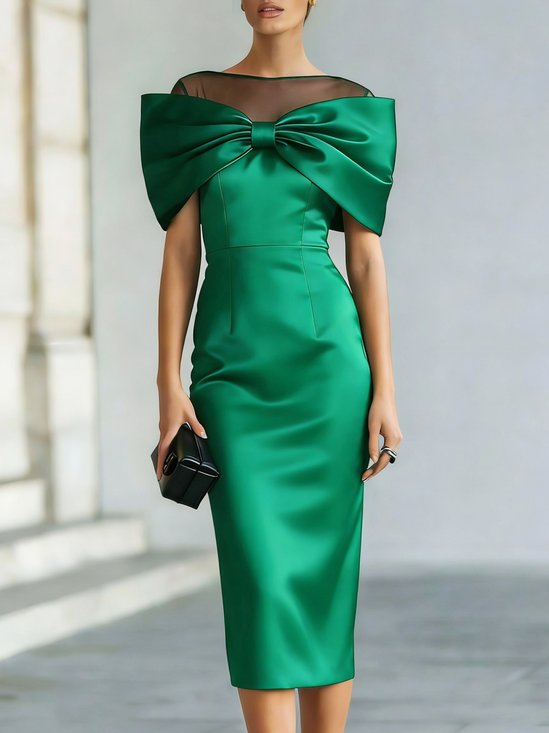 Elegant Plain Bow Mesh Crew Neck Midi Dress
