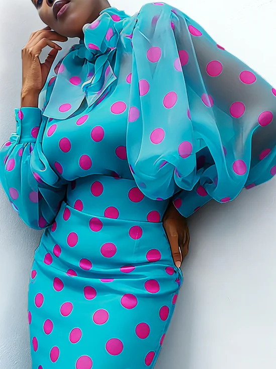 Elegant Polka Dots Printing Crew Neck Balloon Sleeve Blouse With Bow Scarf