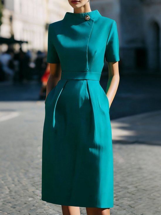 Urban Plain  Buckle Stand Collar Midi Dress