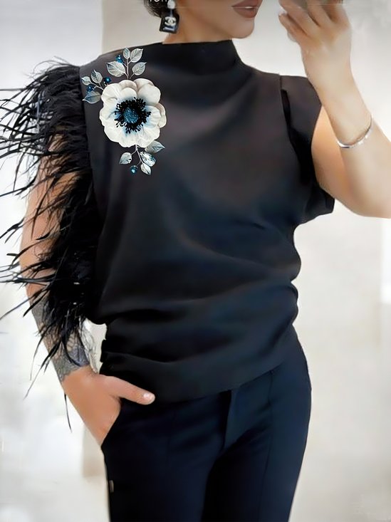 Elegant Floral Feather-trimmed Blouse