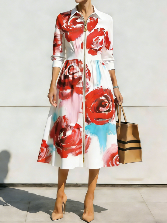 Urban Floral Shirt Collar Midi Dress