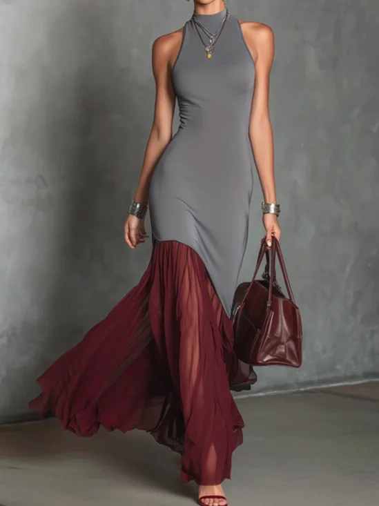 Elegant Color Block Stand Collar Maxi Dress