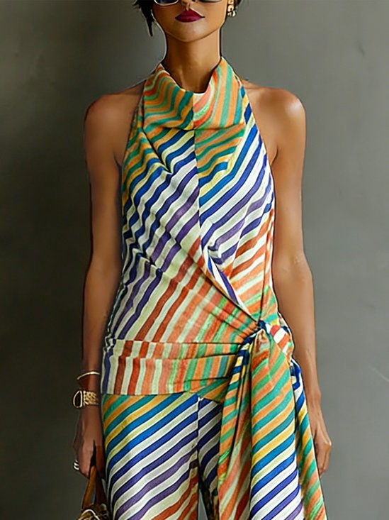 Vacation Striped Printing Halter Tank Top