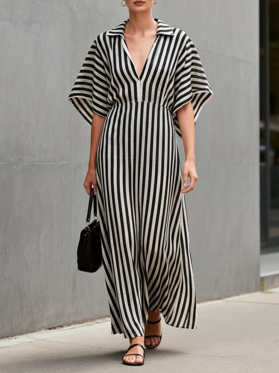 Cotton And Linen Urban Striped Raglan Sleeves Shirt Collar Maxi Dress