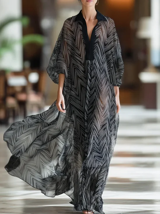 Vacation Geometric Shirt Collar Maxi Dress