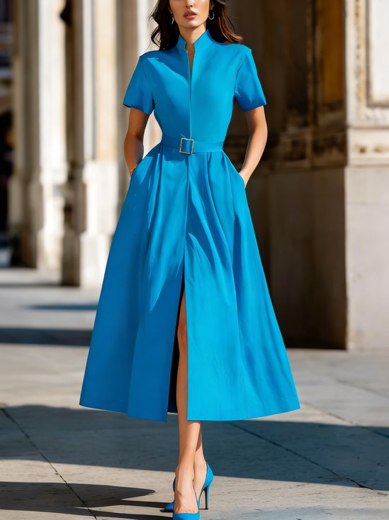 Elegant Plain Stand Collar Midi Dress With Belt
