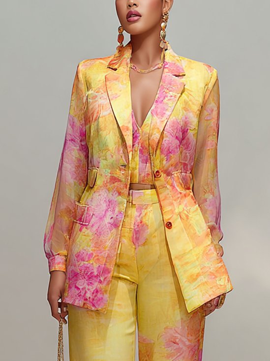 Urban Split Joint Floral Lapel Collar Blazer
