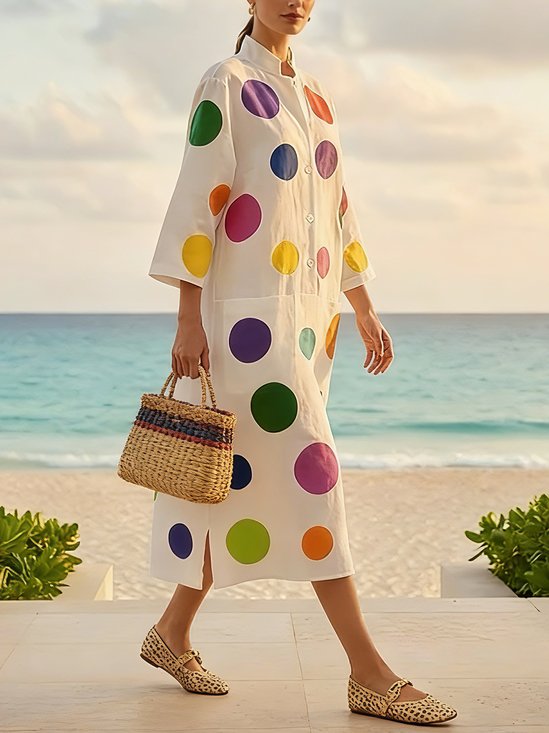 Vacation Polka Dots  Printing Stand Collar Midi Dress