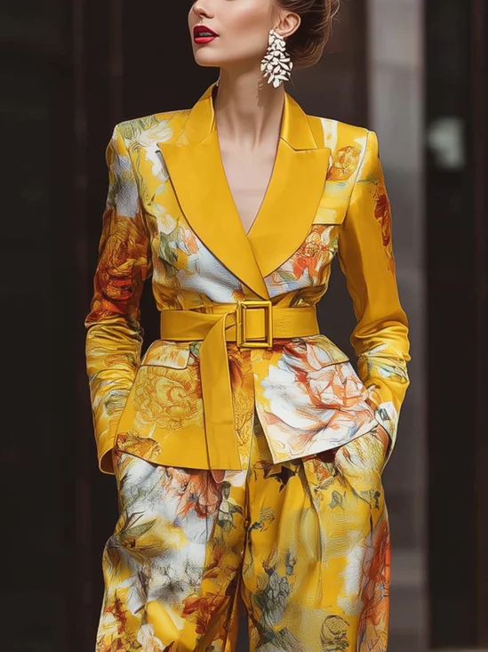 Elegant Printing Floral Lapel Collar Blazer With Belt