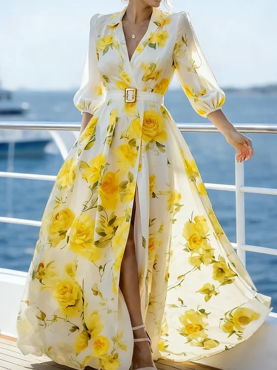 Vacation Floral V Neck Maxi Dress Belt