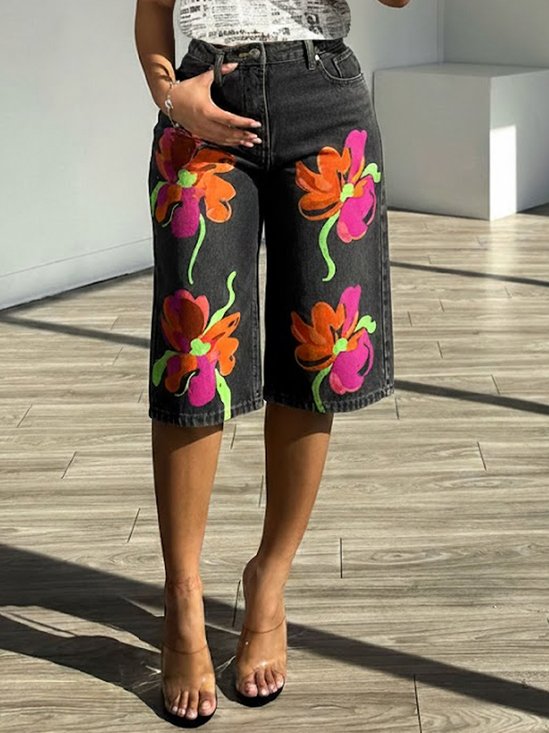 Casual Floral Denim Shorts