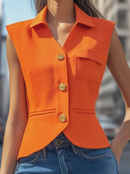 Urban Buttoned Plain Shirt Collar Vest