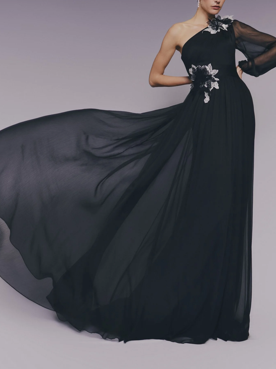 Elegant Floral Glitter One Shoulder Maxi Dress