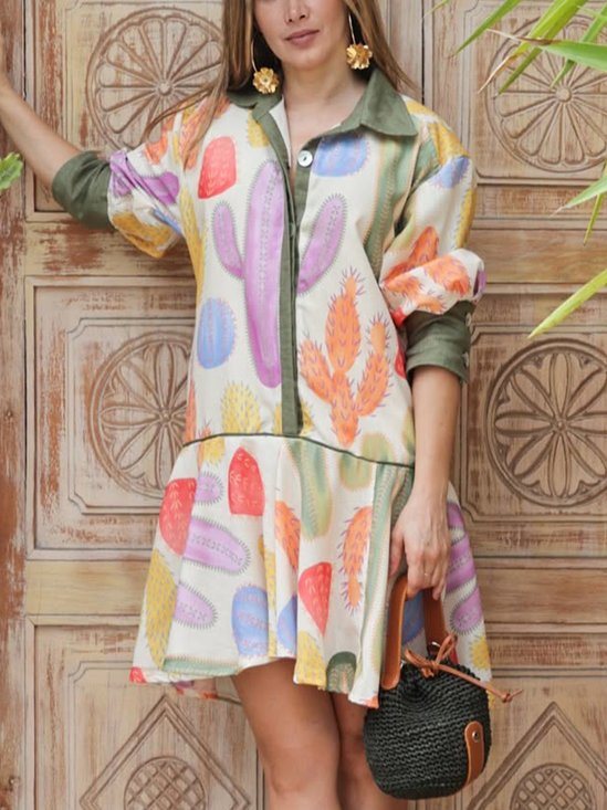Vacation Cactus Printing Shirt Collar Mini Dress