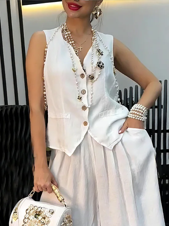 Cotton Casual Buttoned Plain Lapel Collar Vest