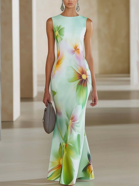 Elegant Floral Printing Crew Neck Maxi Dress