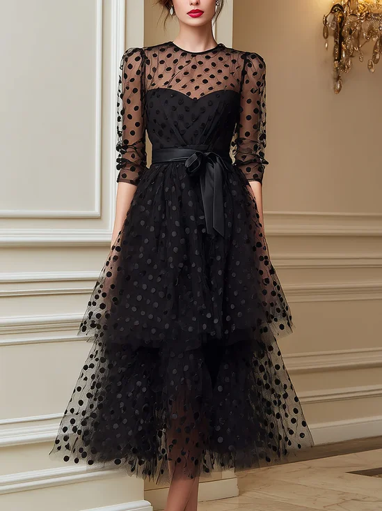 Elegant Polka Dots Folds Crew Neck Midi Dress With Belt