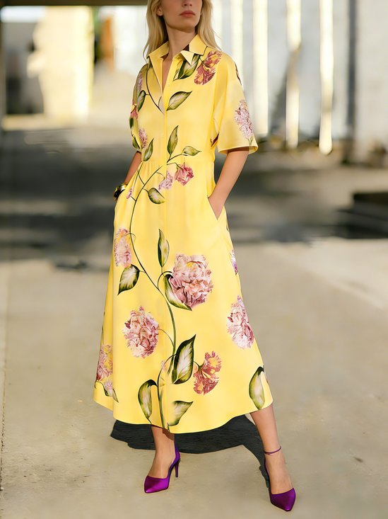 Casual Floral Shirt Collar Midi Dress