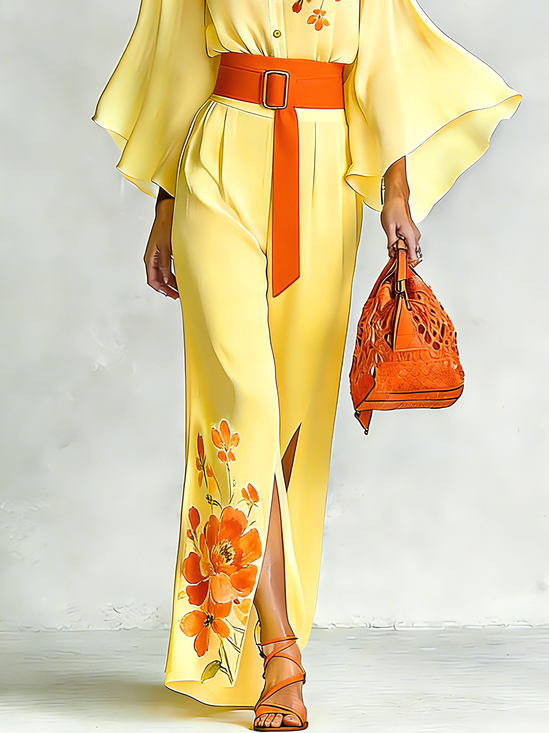 Elegant Floral Printing Wide Leg Pants With Belt