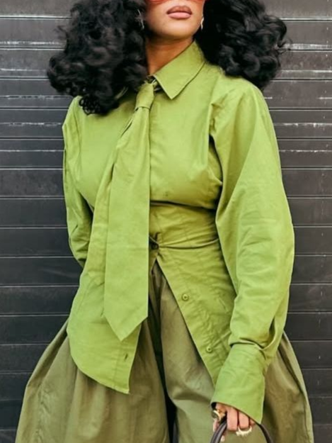 Cotton Casual Plain Buttoned Shirt With Tie