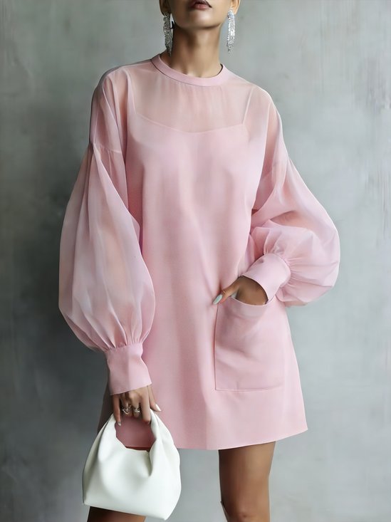 Urban Plain Balloon Sleeve Crew Neck Mini Dress