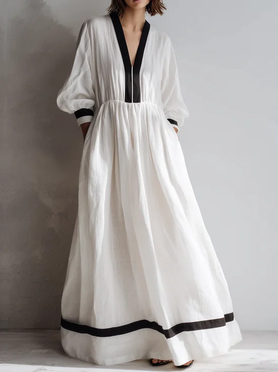 Cotton Urban Color Block V Neck Maxi Dress