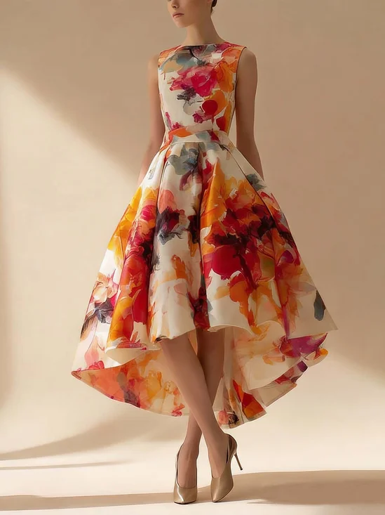 Elegant Random Print Printing Crew Neck Midi Party Dress